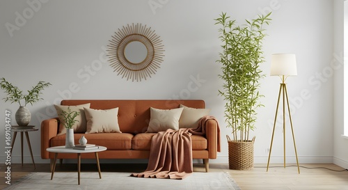 Modern Living Room Interior with Orange Sofa, Bamboo Plant, and Sunburst Mirror