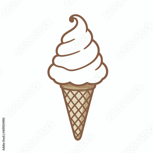 Cartoon Vanilla Ice Cream Cone with Brown Outline and Waffle Pattern.