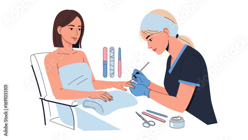 Young woman receiving a professional manicure treatment from a skilled nail technician in a bright and clean salon environment