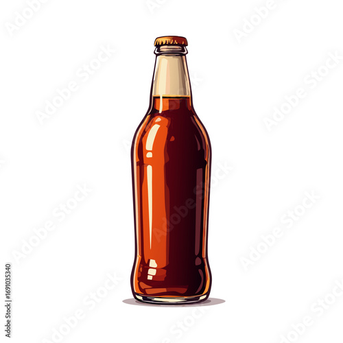 Clear glass beverage bottle with amber liquid and metal crown cap vector illustration.