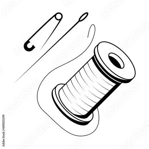 Abstract Doodle Elements Hand Drawn Outline Needle With Spool Of Thread Sketch Vector Design Style Isolated On White Background Illustration For Knitting, Embroidery, Sewing 