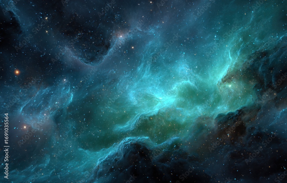 Fototapeta premium Deep space nebula, vibrant turquoise and teal swirling clouds of gas and dust, scattered stars