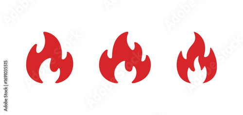 A set of three red flame vector icons showing different bonfire and fire symbols on a white background for energy and danger concepts.