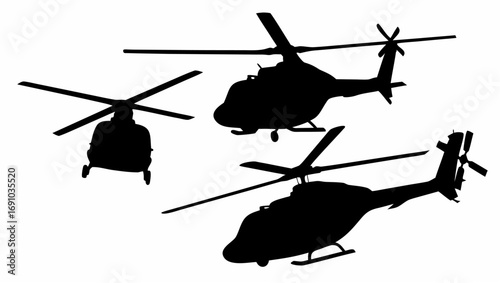 Three helicopters in silhouette against a white background showcasing different angles and perspectives of aircrafts