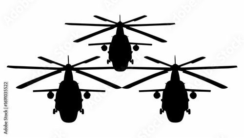 Silhouette depiction of three helicopters with rotating blades against a white background formation view