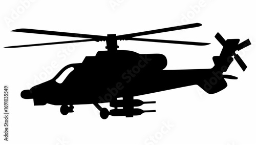 Silhouette depiction of a military attack helicopter with visible rotor blades and weapon attachments shown