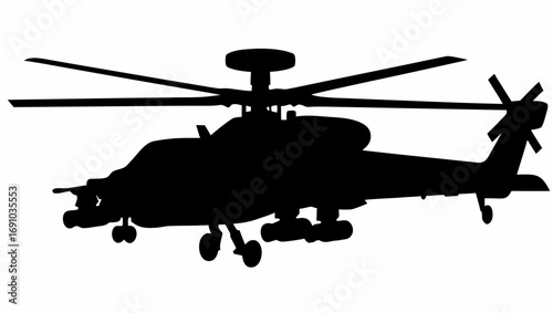 Silhouette depiction of a military attack helicopter with rotor blades and landing gear on white background