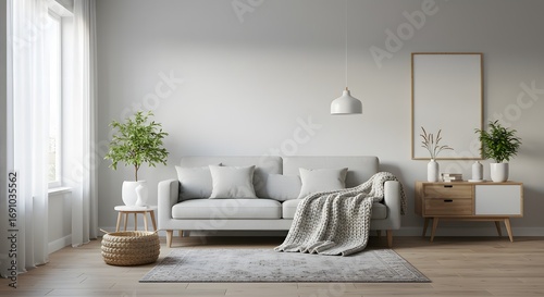 Modern Living Room Interior with Sofa, Plants, and Artwork Mockup