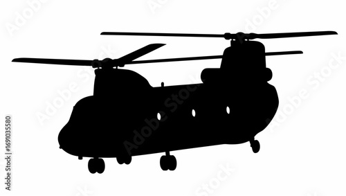 Silhouette depiction of a chinook helicopter with dual rotors and landing gear on a white background view