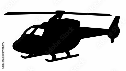Silhouette illustration of a helicopter with visible rotor blades and landing skids on a white background