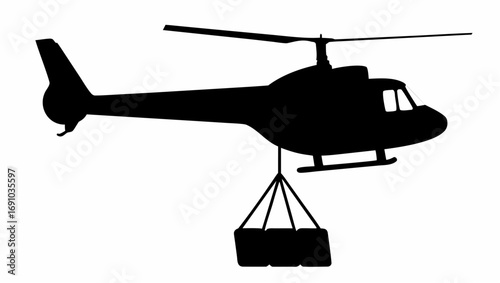 Silhouette of a helicopter carrying cargo suspended by ropes against a white background in a simple style