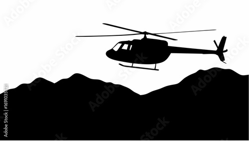 Silhouette of a helicopter flying over a mountain range against a white background in a simple illustration