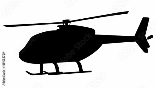 Silhouette depiction of a helicopter with visible rotor blades and landing skids on a white background
