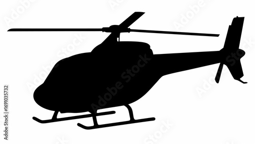 Silhouette of a helicopter with visible rotor blades and landing skids against a white background image view