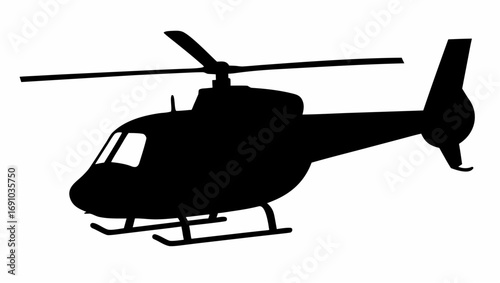 Silhouette of a helicopter with rotor blades and landing skids against a white background design element