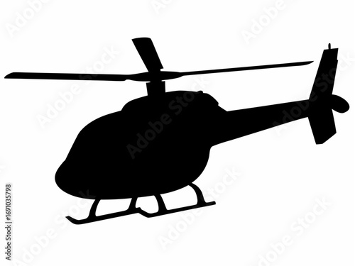 Silhouette depiction of a helicopter with visible rotors and landing skids against a white background