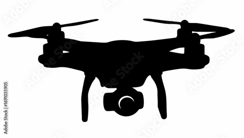 A silhouette of a drone with propellers and a camera hanging below it in front of a white background