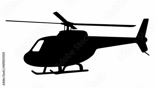 Silhouette depiction of a helicopter with visible rotor blades and landing skids against a white background