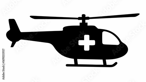 A black silhouette of a medical helicopter with a white cross on its side and rotor blades visible