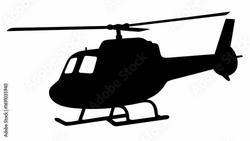 Silhouette illustration of a helicopter with rotors and landing skids on a white background view from side