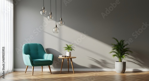 Modern Living Room Interior with Teal Armchair, Pendant Lights, and Plants