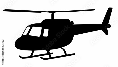 A silhouette of a helicopter with visible rotor blades and landing skids against white background plane view