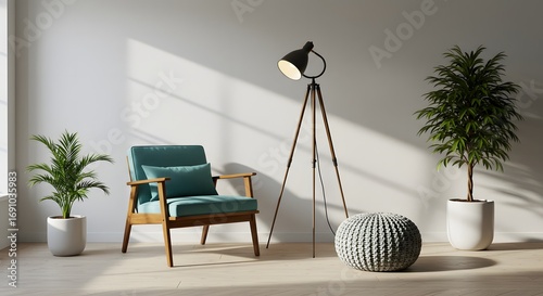 Modern Living Room Interior with Teal Armchair, Tripod Lamp, and Potted Plants