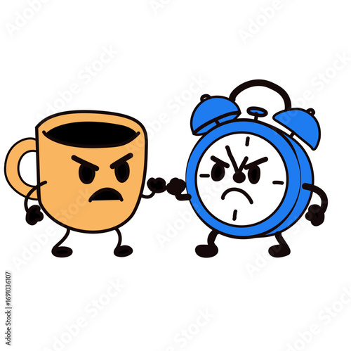 Funny cartoon illustration of an angry coffee cup facing off with an alarm clock, symbolizing the morning struggle between waking up and needing caffeine.