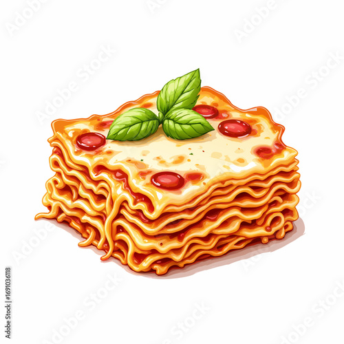 Colorful illustration of layered lasagna slice with melted cheese red sauce and fresh basil.