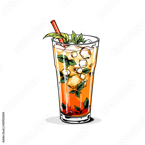 Colorful layered iced drink with mint leaves and red straw in a tall glass illustration.