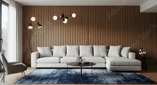 Modern Living Room Interior with White Sectional Sofa, Wooden Wall Panels, and Blue Abstract Rug