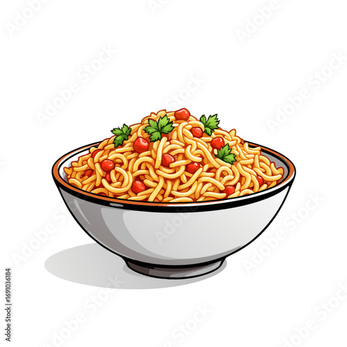 Colorful Noodle Dish in Black Bowl with Herbs and Spices.