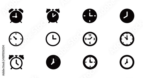 A group of various black and white clock icons, including analog clocks and alarm clocks, on a clean white background.
