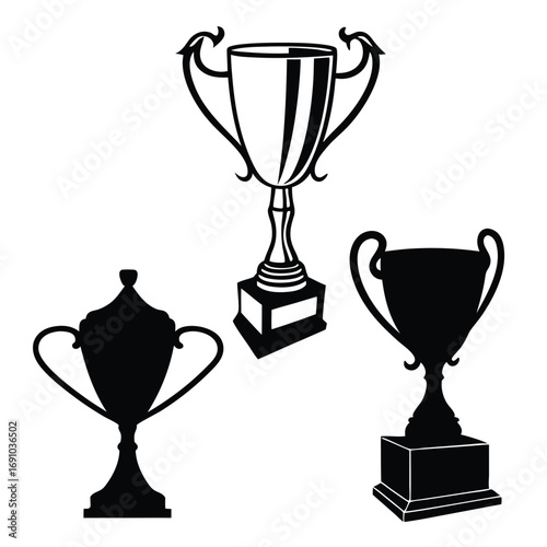 Black Trophy Cup Silhouette Vector Set | Champion Prize Icon Collection