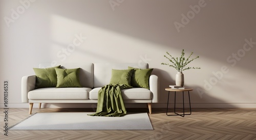 Modern Living Room Sofa with Green Pillows and Blanket, Minimalist Interior Design