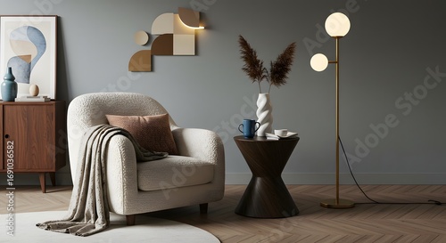 Modern Living Room Scene with Armchair, Side Table, and Abstract Art