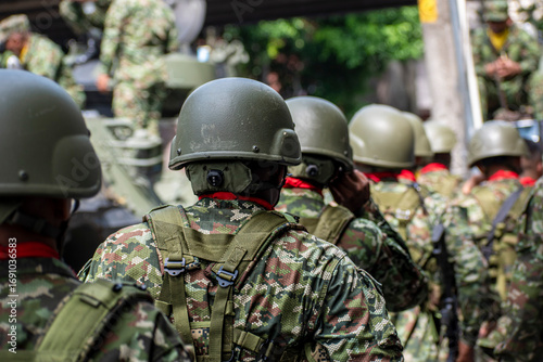 Colombian armed forces with armored units and tanks, Army organizing before combat, Soldiers preparing for military mission. High quality photo