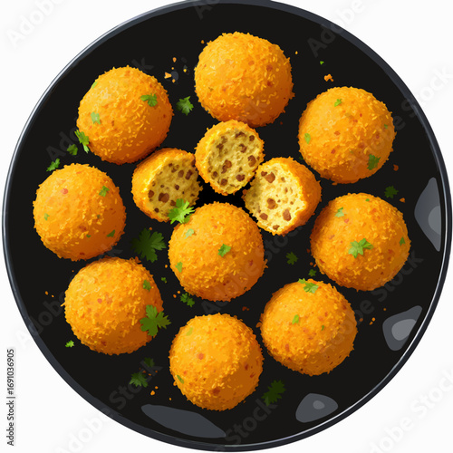 Crispy golden breaded balls one cut open to show the filling served on a black plate.