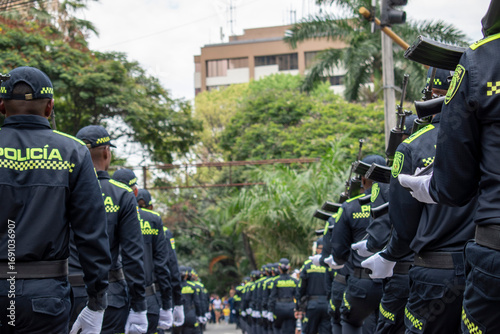 Police battalion formation, Colombian police unit in line, Law enforcement battalion on duty. High quality photo