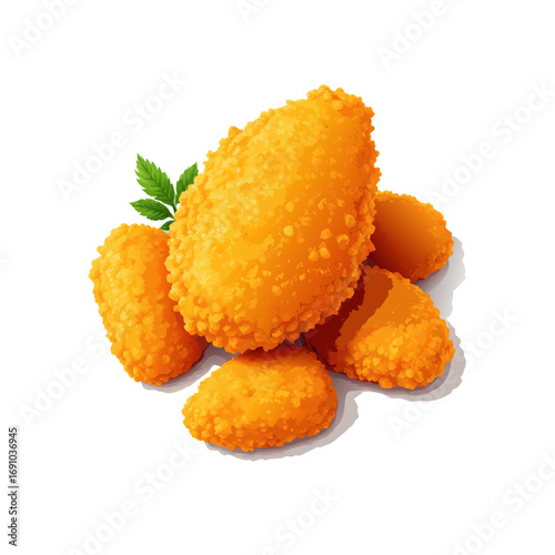 Crispy golden fried nuggets with green garnish illustration textured coating.