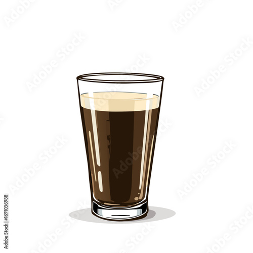 Dark Brown Beverage in a Tall Glass with Creamy Head.