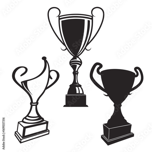 Black Trophy Cup Silhouette Vector Set | Champion Prize Icon Collection