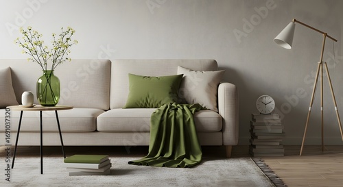 Modern Living Room with Beige Sofa, Green Throw Blanket, and Minimalist Decor