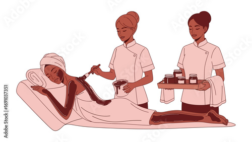 Two professional spa therapists in white uniforms tending to a client receiving a relaxing back massage with essential oils and skincare products