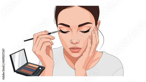 Close up illustration of a young woman applying eye makeup with a brush focusing on her eye and a makeup palette nearby