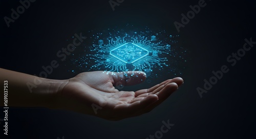 Human hand holding a glowing blue digital circuit board and microchip, symbolizing technology and innovation