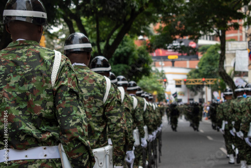 Military formation in line, Military police in discipline, Troops in organized training. High quality photo