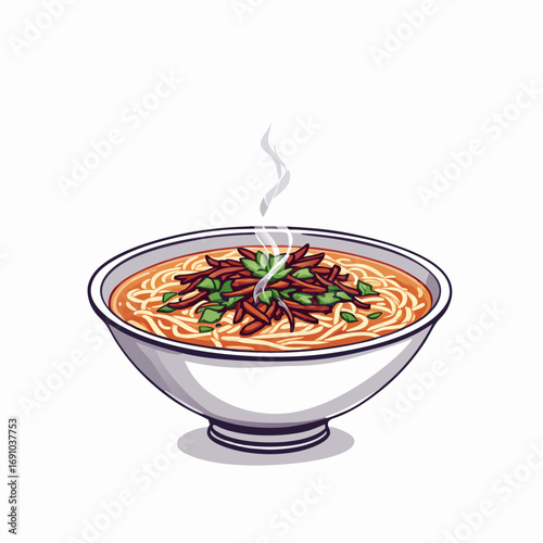 Delicious Bowl of Ramen with Toppings and Steam Vector Illustration.