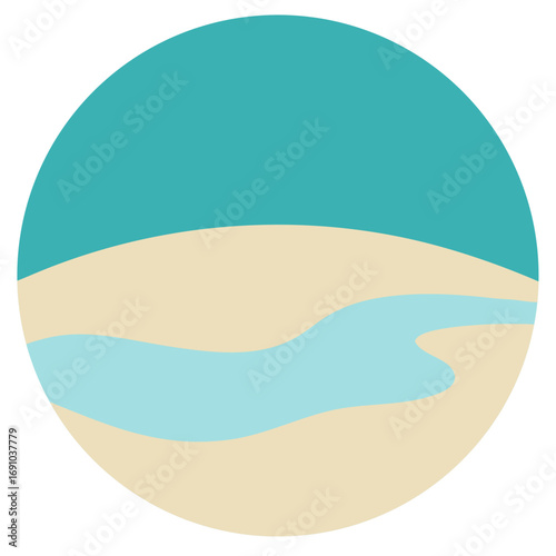 Stylized circular landscape vector illustration featuring coastline dunes beach and icy shores