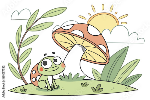 A charming illustration of a cheerful frog sitting beneath a large, spotted mushroom.